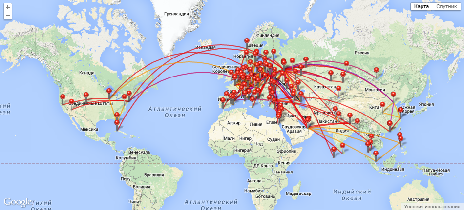 Карта мировых полетов